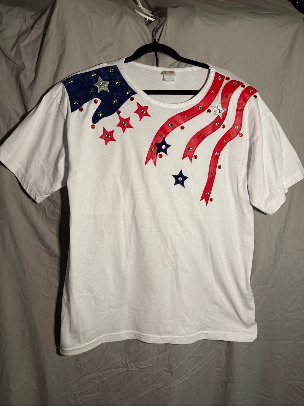 Retro Cactus Patriotic Star & Stripe Embellished White Tee size XL